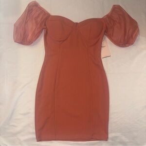 Blashe Women’s Small Rust Puff Sleeve Bodycon Mini Dress – Sweetheart Neckline